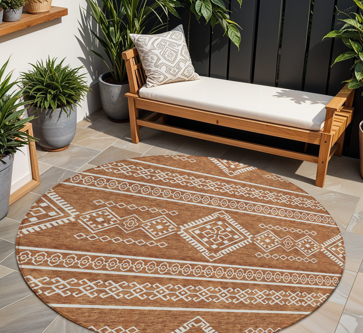 Tabselect Home Line 8' Orange And Ivory Round Southwestern Washable Indoor Outdoor Area Rug