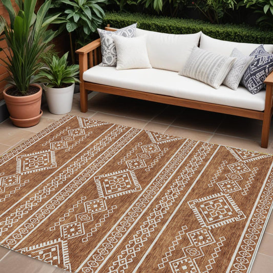 Tabselect Home Line 8' X 10' Orange And Ivory Southwestern Washable Indoor Outdoor Area Rug