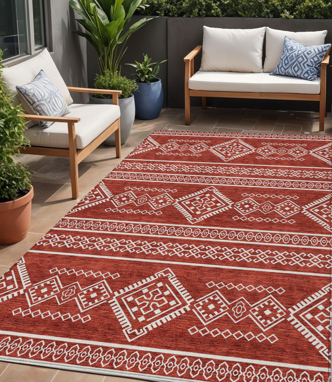 Tabselect Home Line 5' X 8' Red And Ivory Southwestern Washable Indoor Outdoor Area Rug