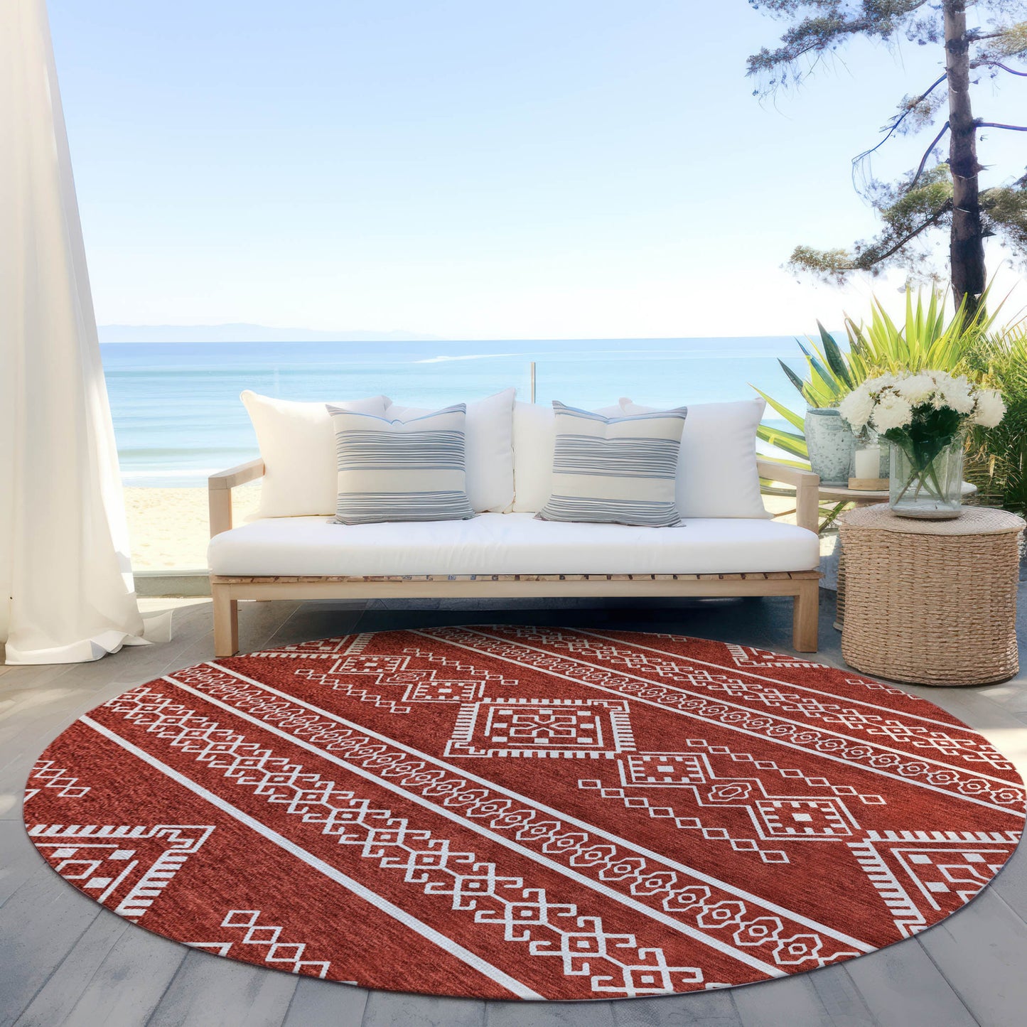 Tabselect Home Line 8' Red And Ivory Round Southwestern Washable Indoor Outdoor Area Rug
