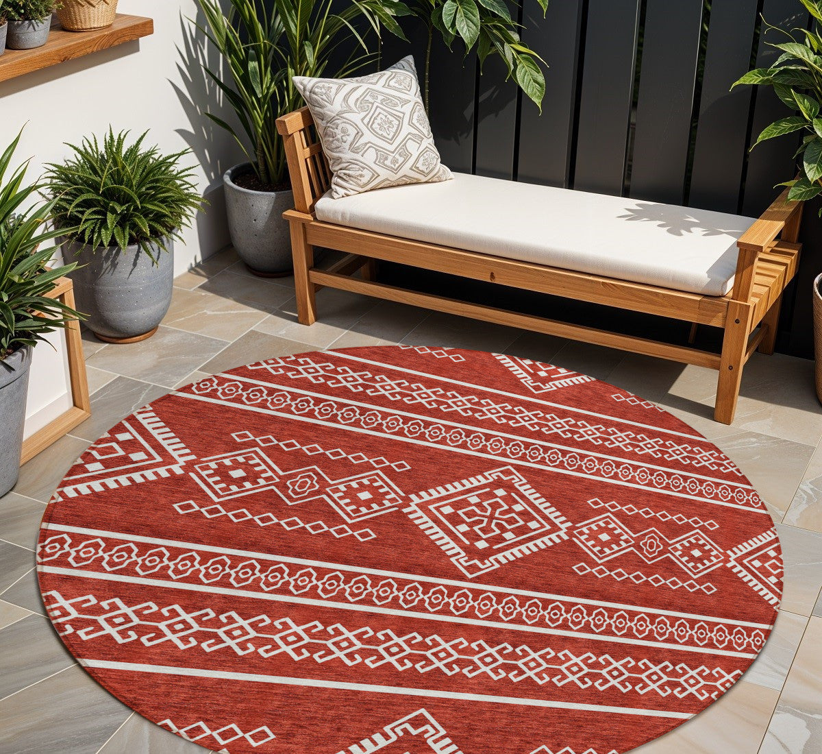 Tabselect Home Line 8' Red And Ivory Round Southwestern Washable Indoor Outdoor Area Rug