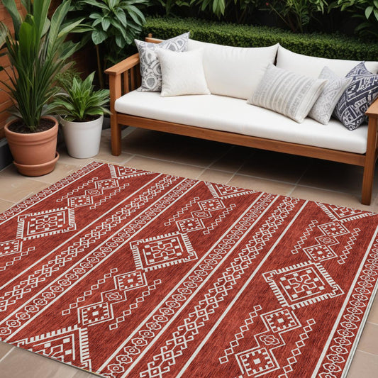 Tabselect Home Line 8' X 10' Red And Ivory Southwestern Washable Indoor Outdoor Area Rug