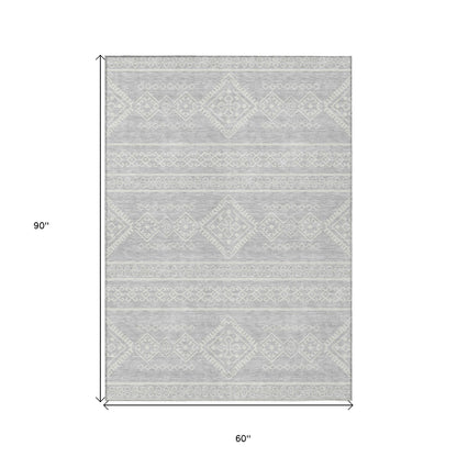 Tabselect Home Line 5' X 8' Silver And Ivory Southwestern Washable Indoor Outdoor Area Rug