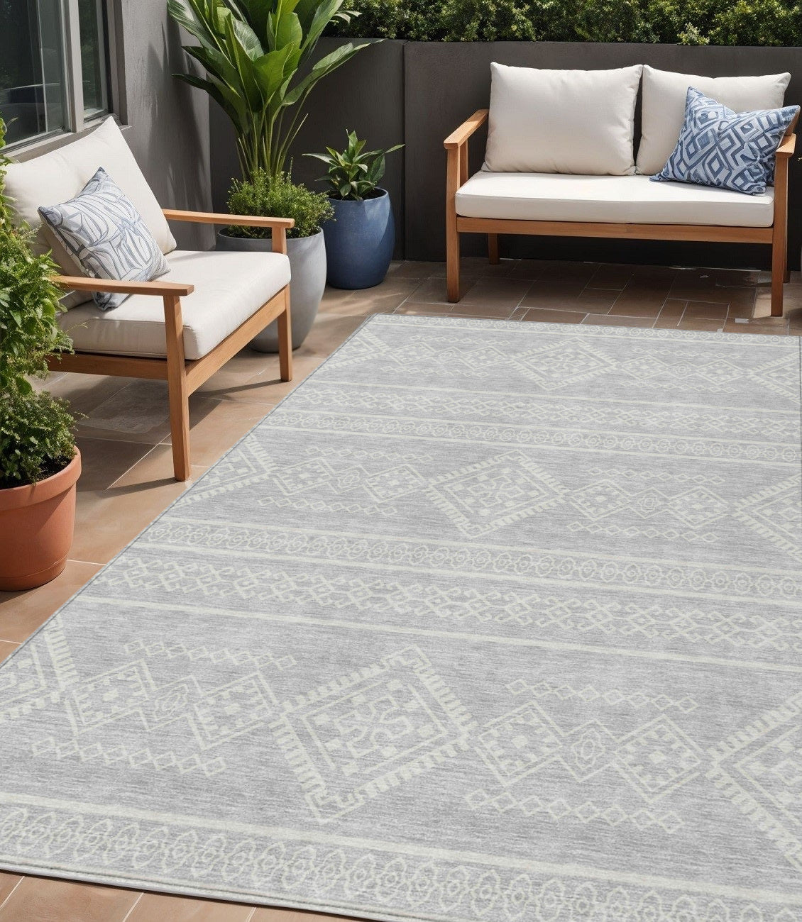 Tabselect Home Line 5' X 8' Silver And Ivory Southwestern Washable Indoor Outdoor Area Rug