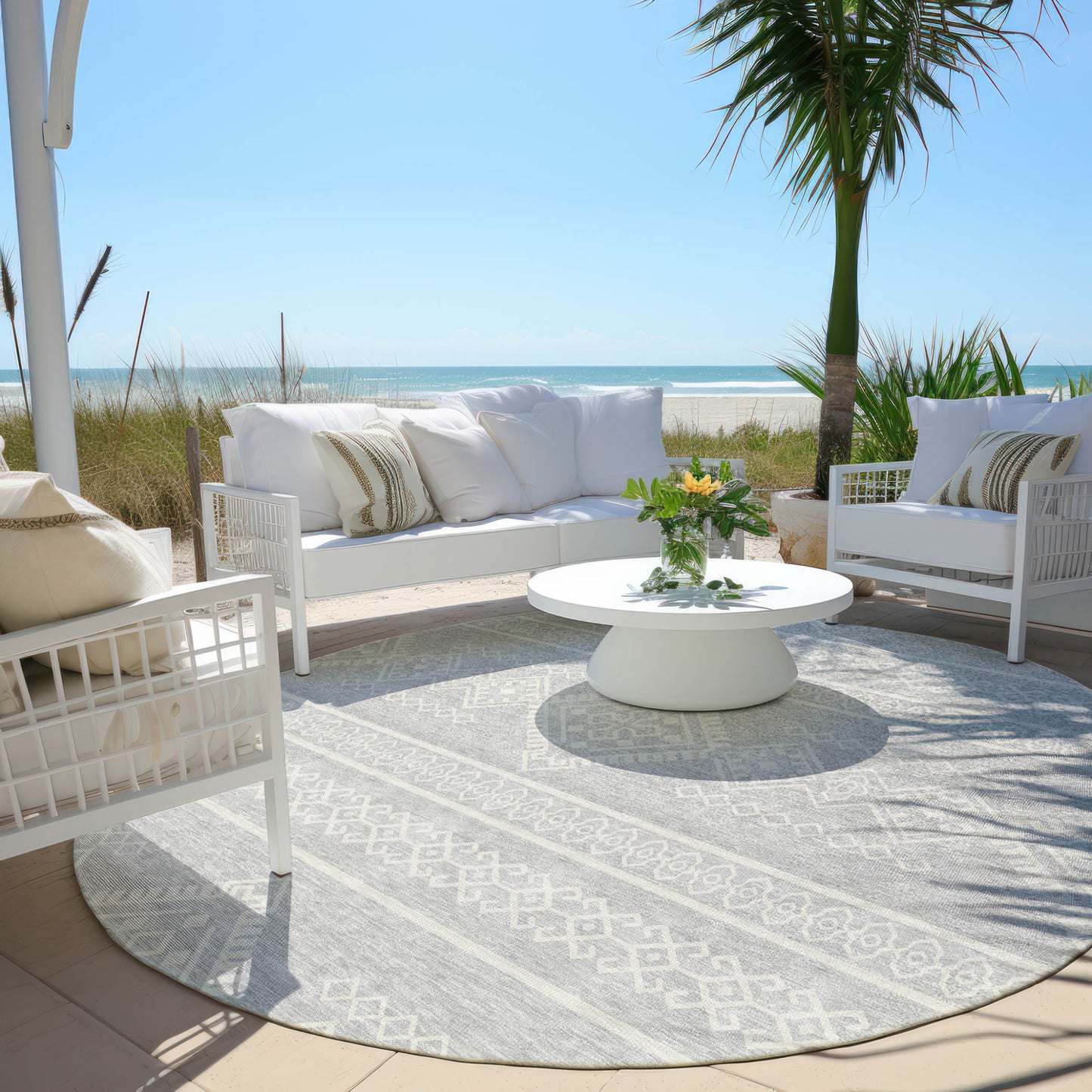 Tabselect Home Line 8' Silver And Ivory Round Southwestern Washable Indoor Outdoor Area Rug