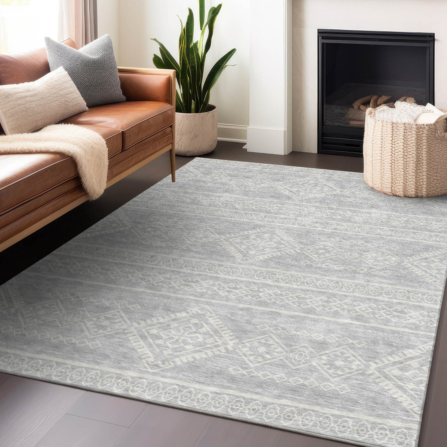 Tabselect Home Line 8' X 10' Silver And Ivory Southwestern Washable Indoor Outdoor Area Rug