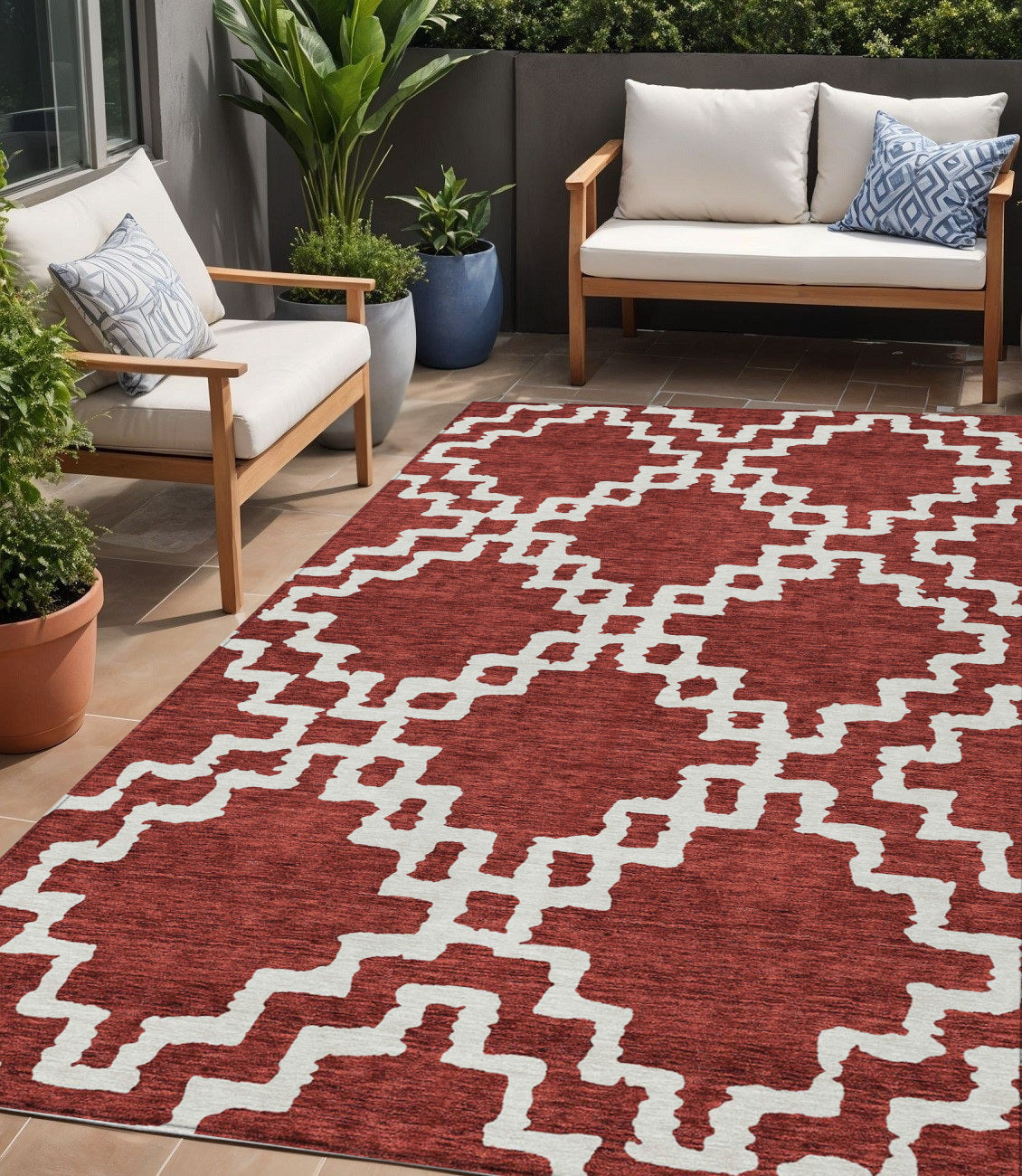 Tabselect Home Line 5' X 8' Brick Red And Ivory Geometric Washable Indoor Outdoor Area Rug