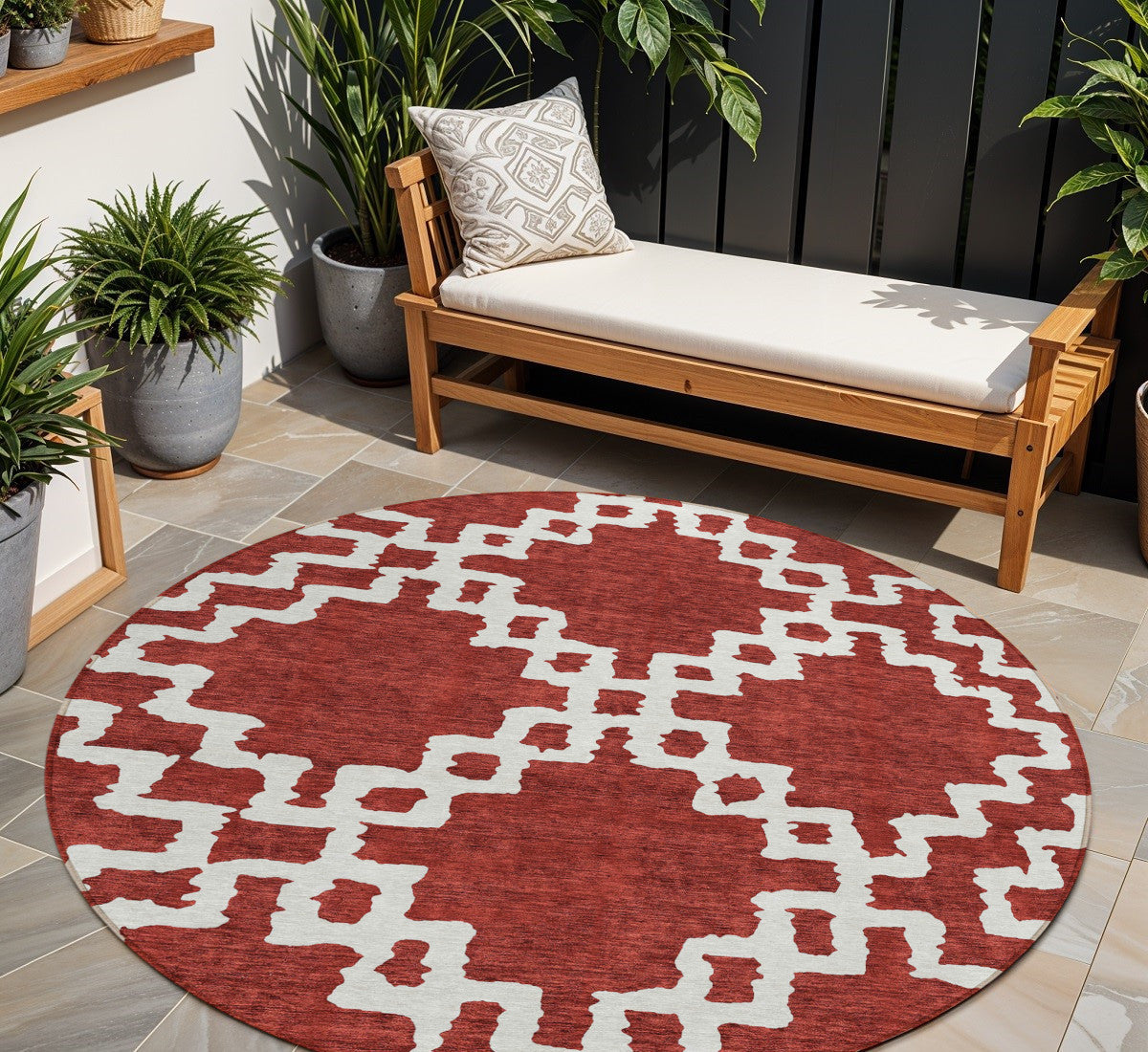 Tabselect Home Line 8' Brick Red And Ivory Round Geometric Washable Indoor Outdoor Area Rug