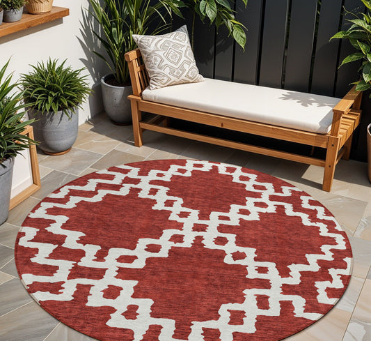 Tabselect Home Line 8' Brick Red And Ivory Round Geometric Washable Indoor Outdoor Area Rug