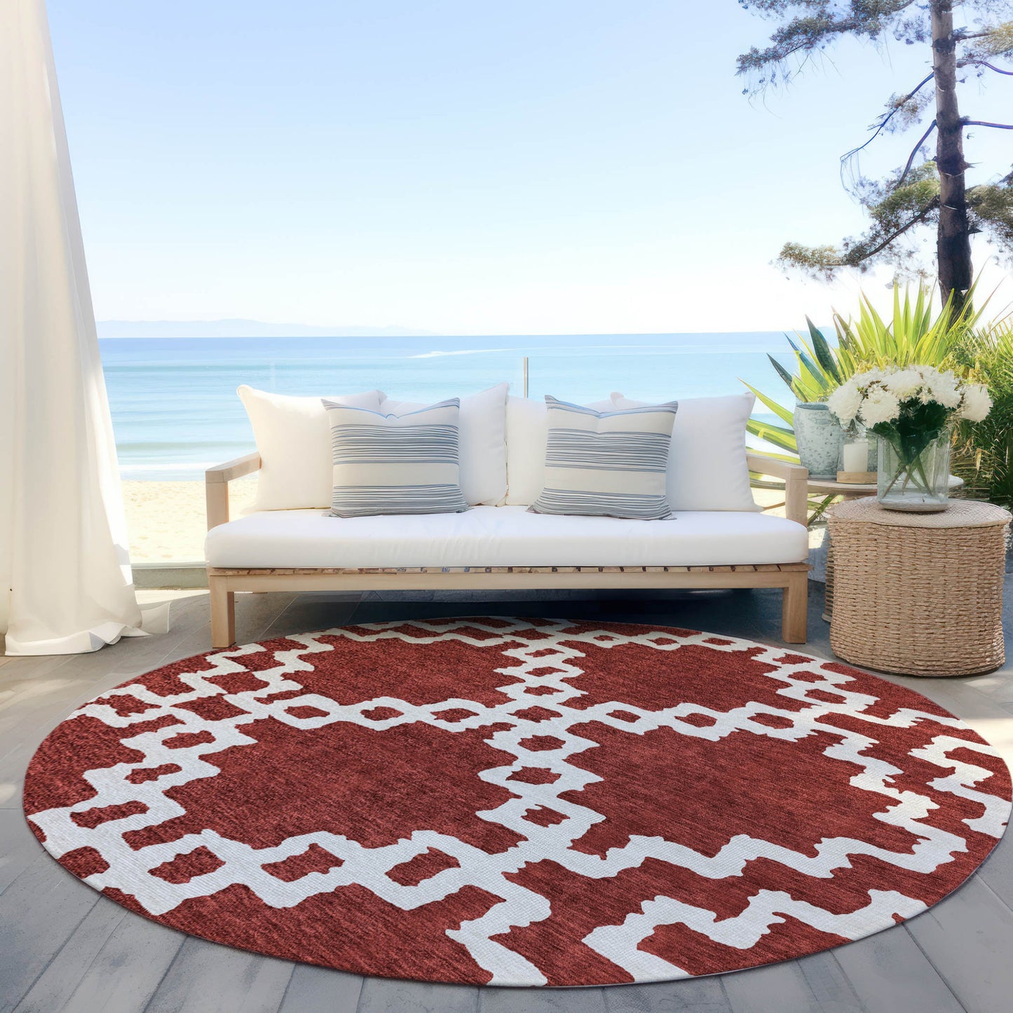 Tabselect Home Line 8' Brick Red And Ivory Round Geometric Washable Indoor Outdoor Area Rug