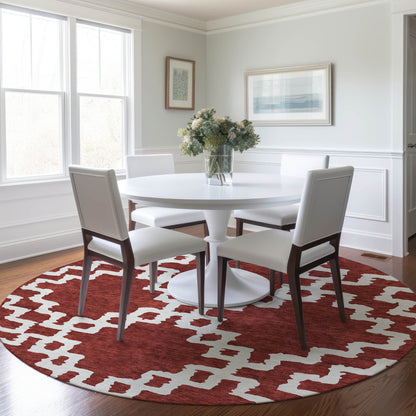 Tabselect Home Line 8' Brick Red And Ivory Round Geometric Washable Indoor Outdoor Area Rug