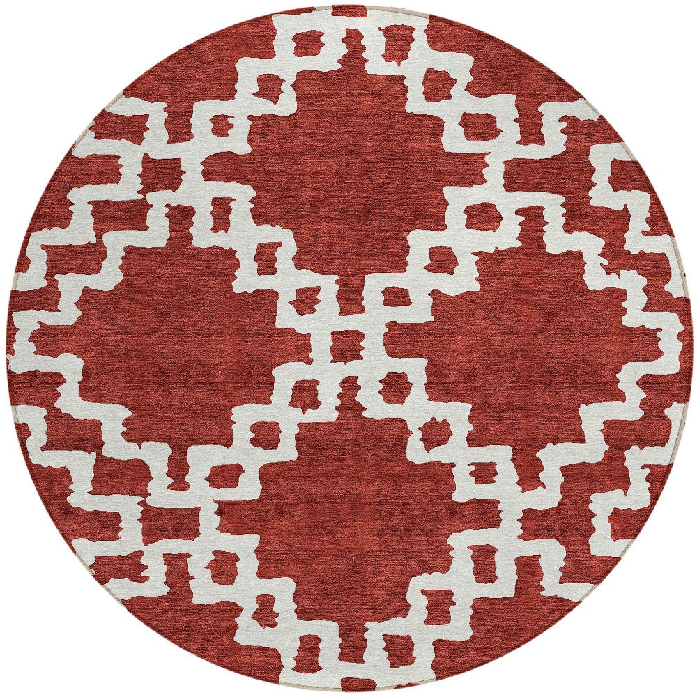 Tabselect Home Line 8' Brick Red And Ivory Round Geometric Washable Indoor Outdoor Area Rug