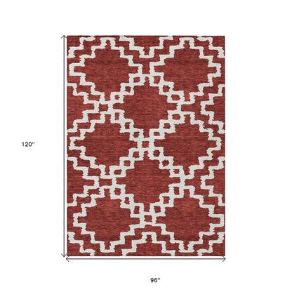 Tabselect Home Line 8' X 10' Brick Red And Ivory Geometric Washable Indoor Outdoor Area Rug