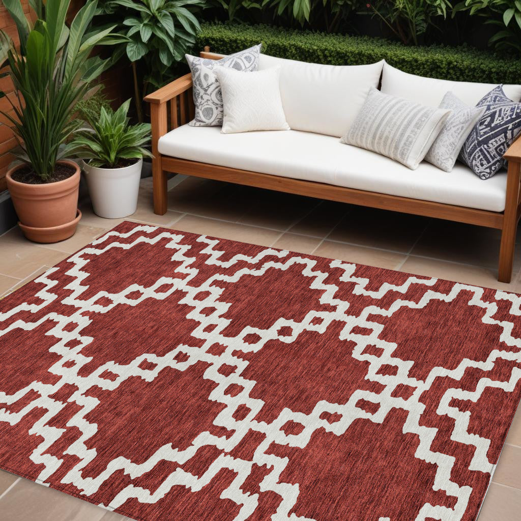 Tabselect Home Line 8' X 10' Brick Red And Ivory Geometric Washable Indoor Outdoor Area Rug