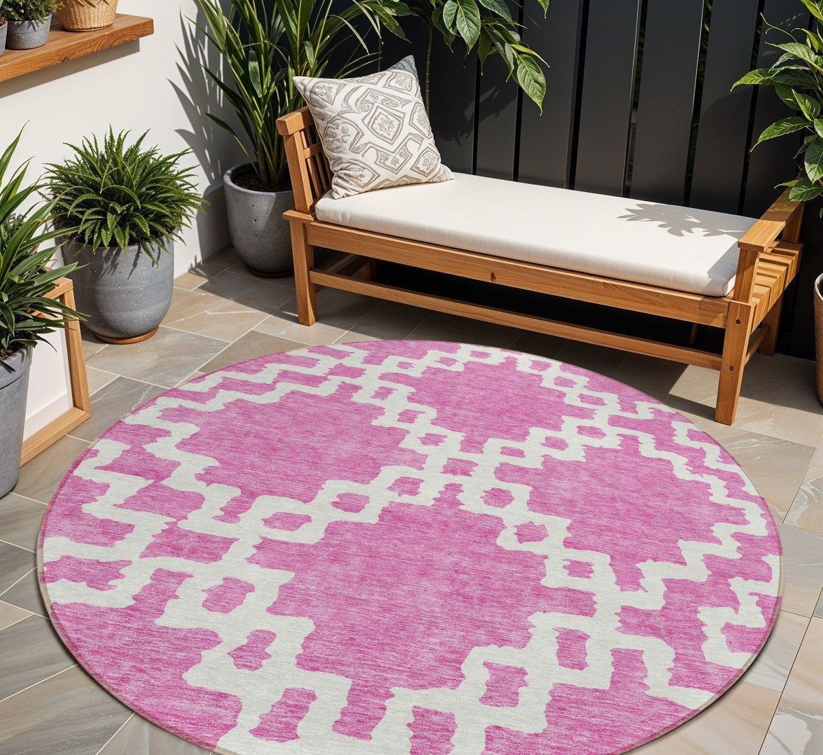 Tabselect Home Line 8' Blush And Ivory Round Geometric Washable Indoor Outdoor Area Rug