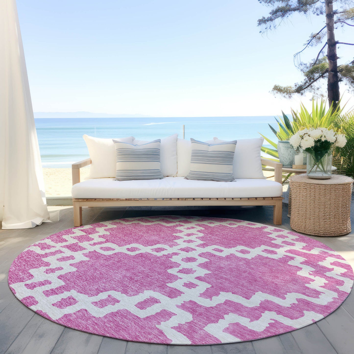 Tabselect Home Line 8' Blush And Ivory Round Geometric Washable Indoor Outdoor Area Rug