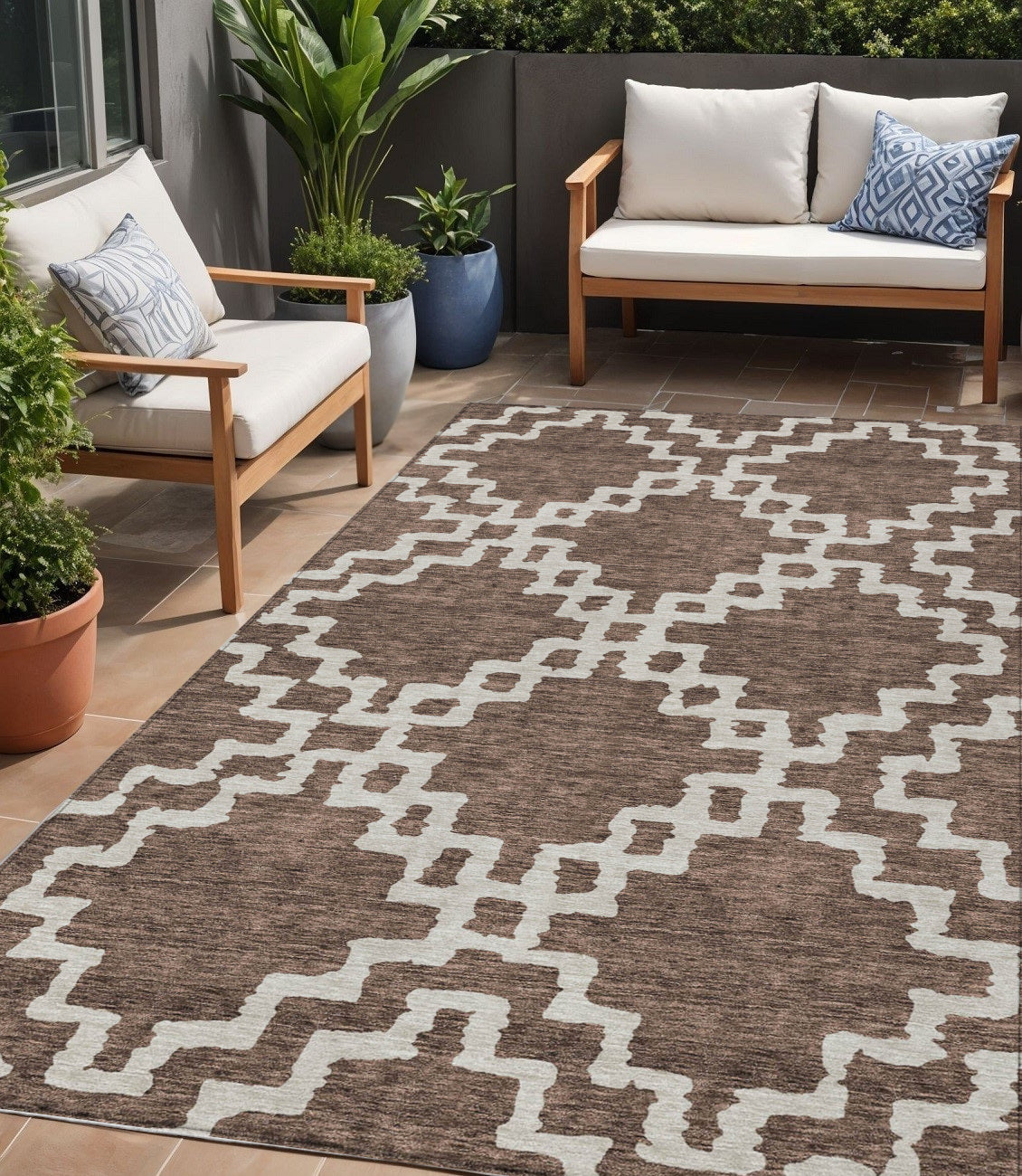 Tabselect Home Line 5' X 8' Brown And Ivory Geometric Washable Indoor Outdoor Area Rug