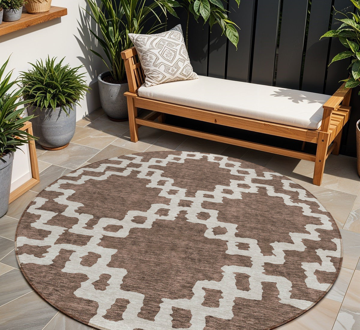 Tabselect Home Line 8' Brown And Ivory Round Geometric Washable Indoor Outdoor Area Rug