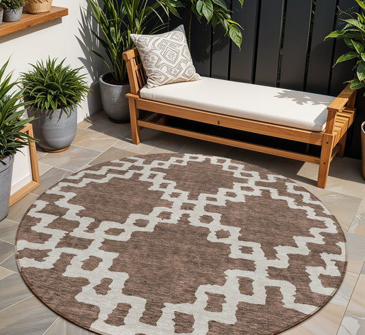 Tabselect Home Line 8' Brown And Ivory Round Geometric Washable Indoor Outdoor Area Rug
