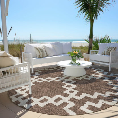 Tabselect Home Line 8' Brown And Ivory Round Geometric Washable Indoor Outdoor Area Rug