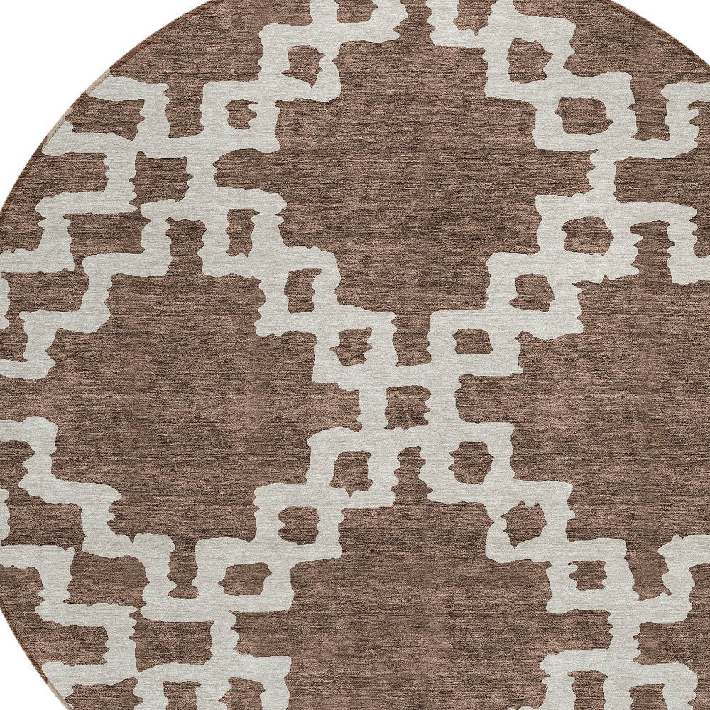 Tabselect Home Line 8' Brown And Ivory Round Geometric Washable Indoor Outdoor Area Rug