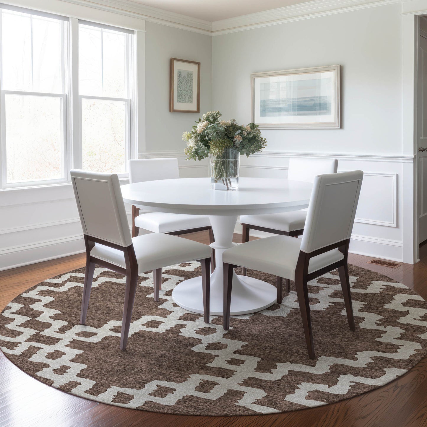 Tabselect Home Line 8' Brown And Ivory Round Geometric Washable Indoor Outdoor Area Rug