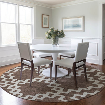 Tabselect Home Line 8' Brown And Ivory Round Geometric Washable Indoor Outdoor Area Rug