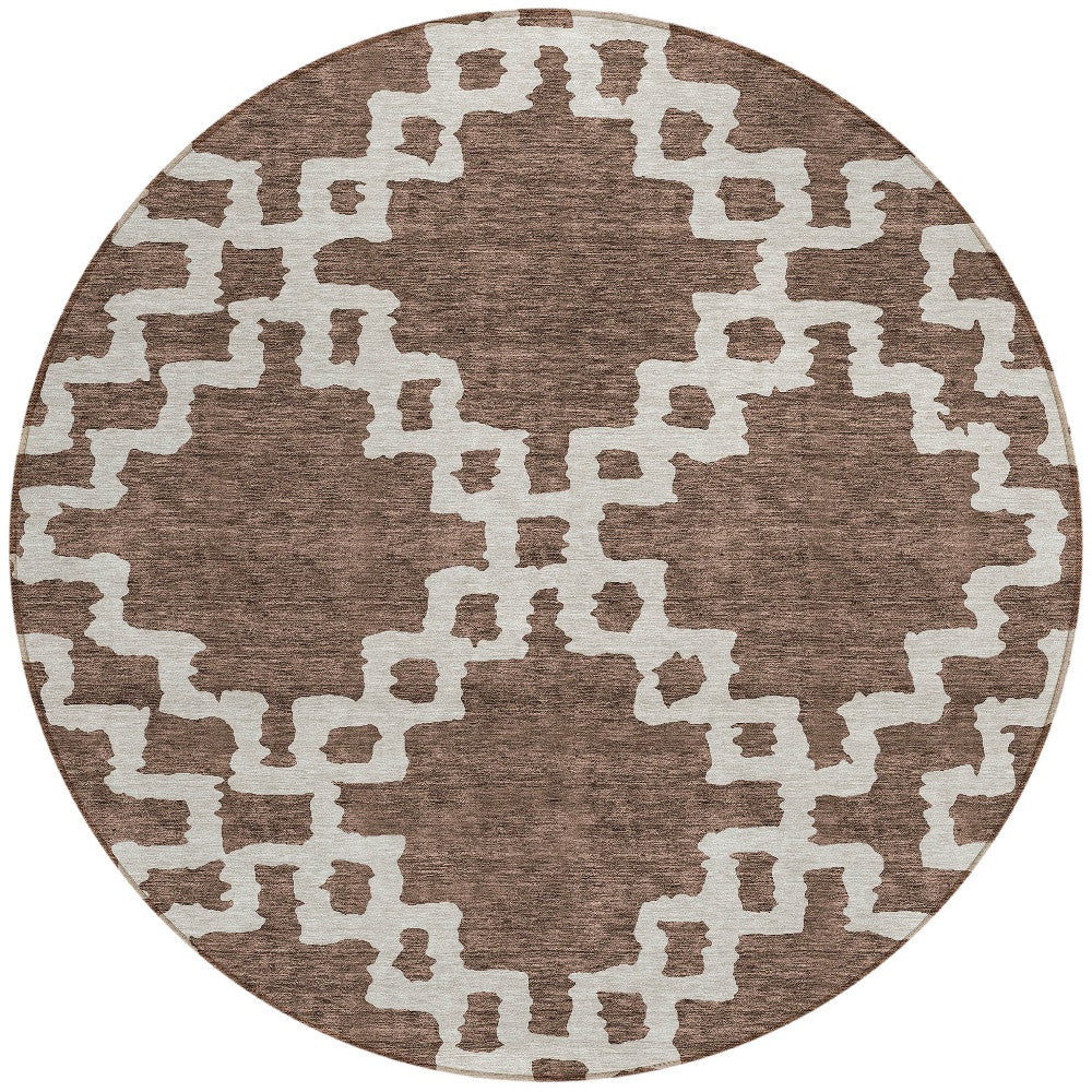 Tabselect Home Line 8' Brown And Ivory Round Geometric Washable Indoor Outdoor Area Rug