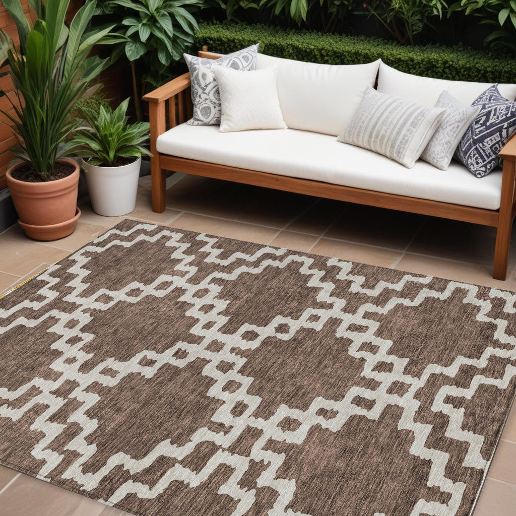 Tabselect Home Line 8' X 10' Brown And Ivory Geometric Washable Indoor Outdoor Area Rug