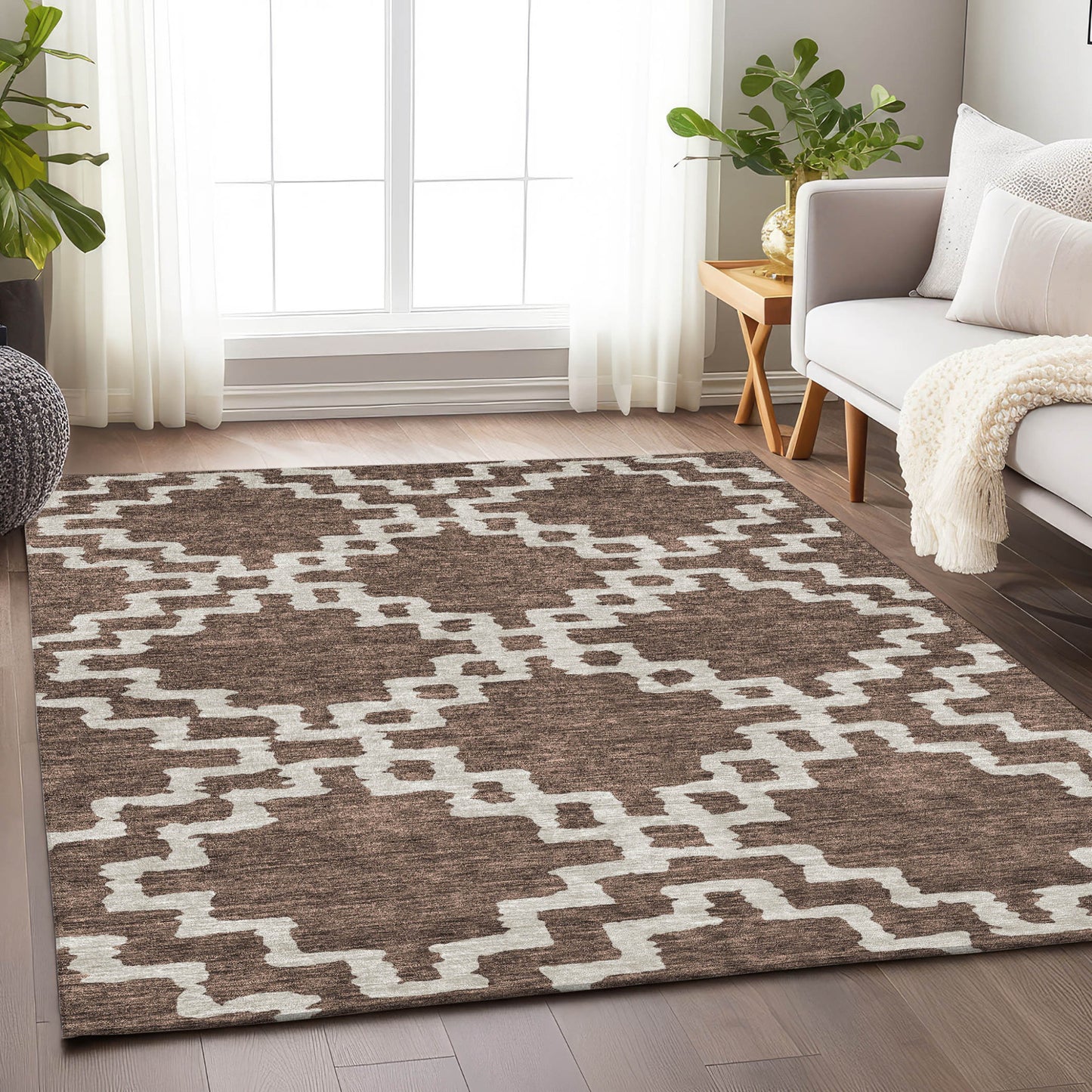 Tabselect Home Line 8' X 10' Brown And Ivory Geometric Washable Indoor Outdoor Area Rug