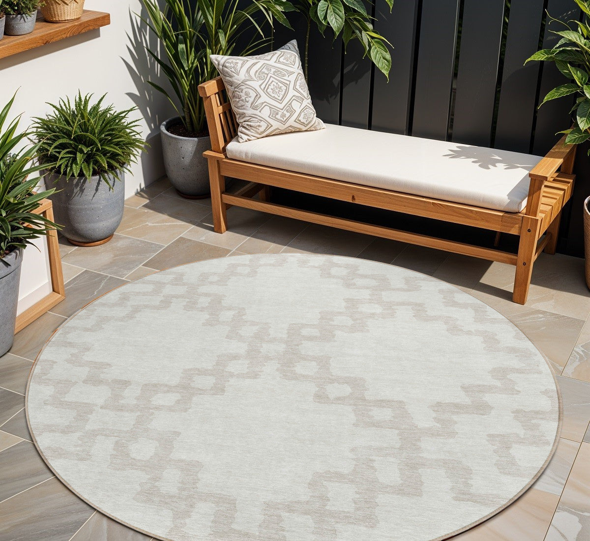 Tabselect Home Line 8' Ivory And Beige Round Geometric Washable Indoor Outdoor Area Rug