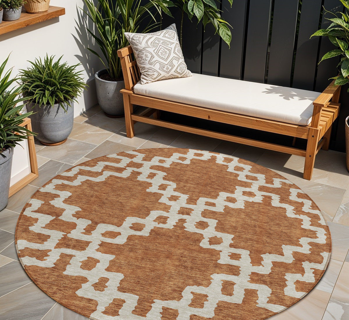 Tabselect Home Line 8' Brown And Ivory Round Geometric Washable Indoor Outdoor Area Rug