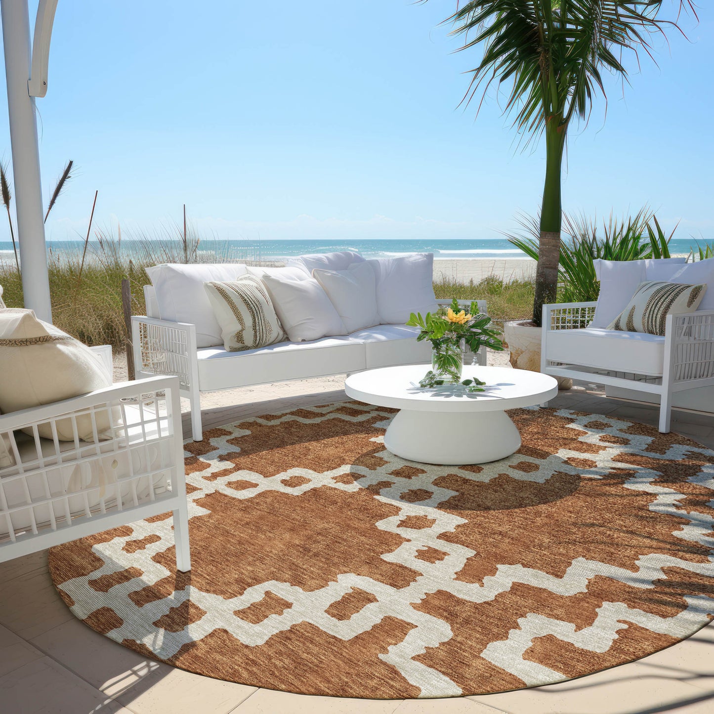 Tabselect Home Line 8' Brown And Ivory Round Geometric Washable Indoor Outdoor Area Rug