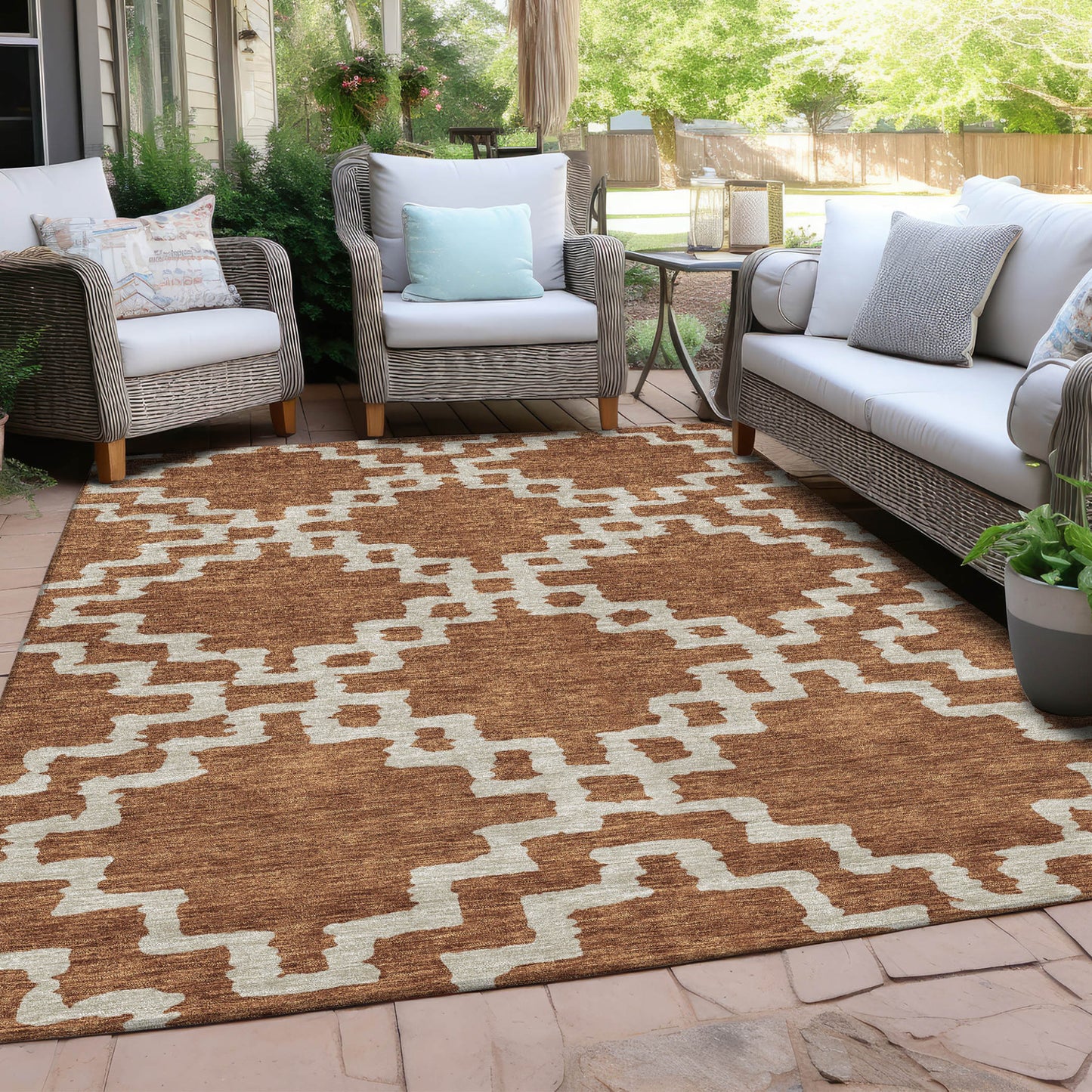 Tabselect Home Line 8' X 10' Brown And Ivory Geometric Washable Indoor Outdoor Area Rug