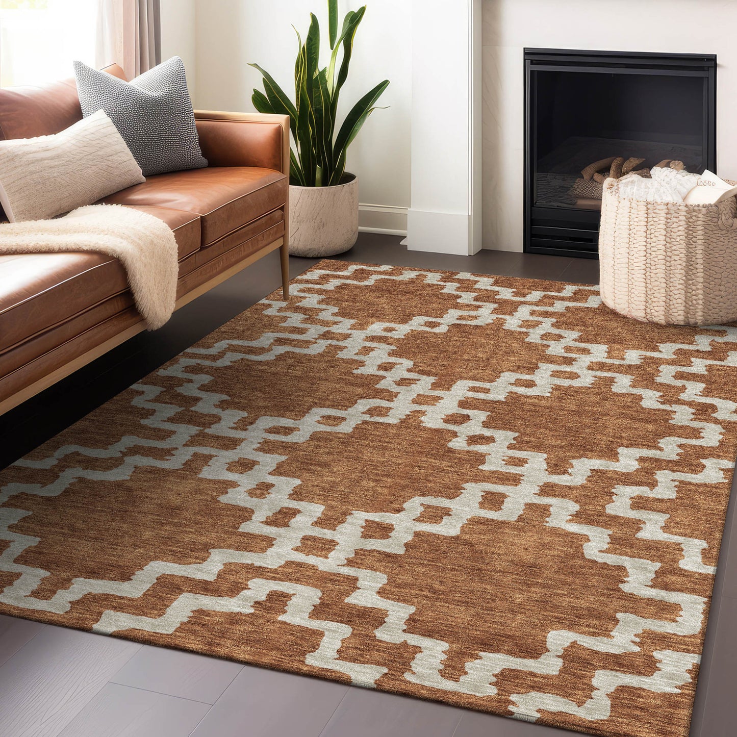 Tabselect Home Line 8' X 10' Brown And Ivory Geometric Washable Indoor Outdoor Area Rug