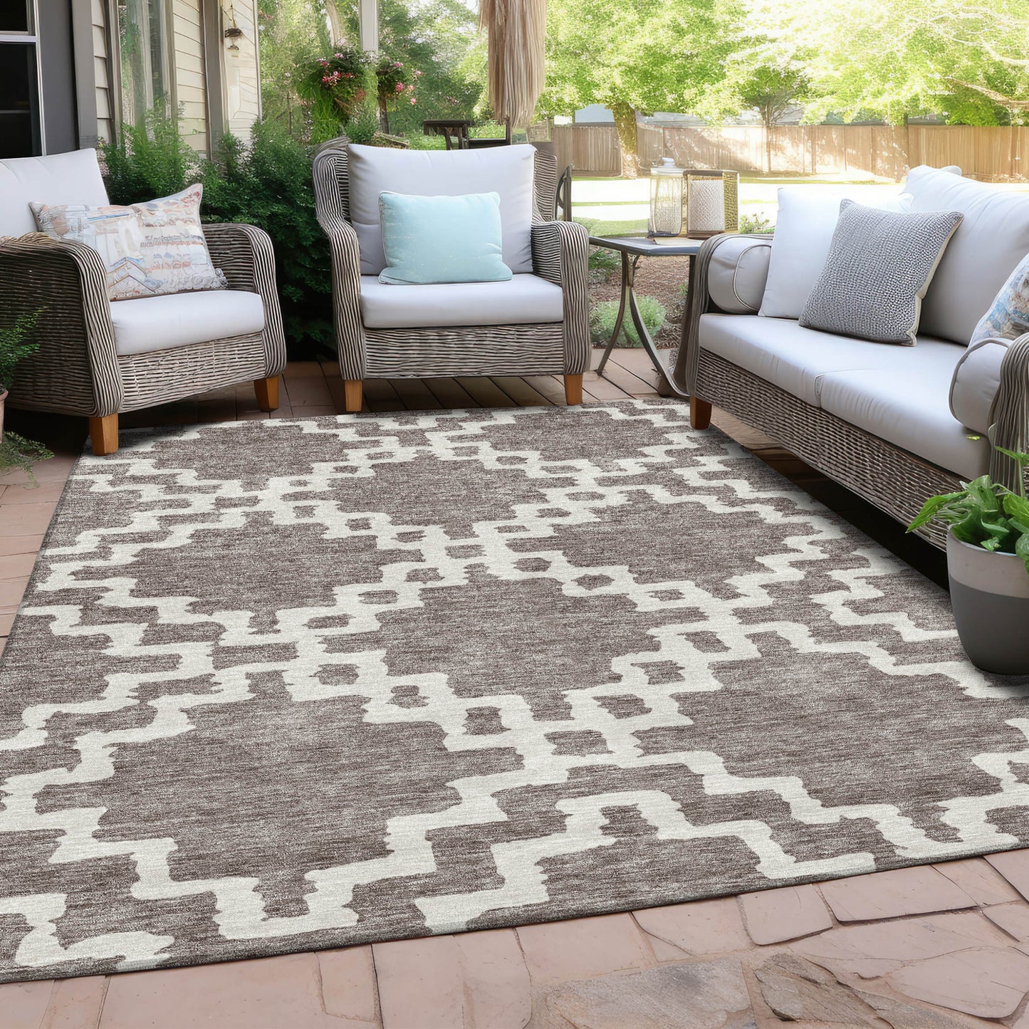 Tabselect Home Line 5' X 8' Taupe And Ivory Geometric Washable Indoor Outdoor Area Rug