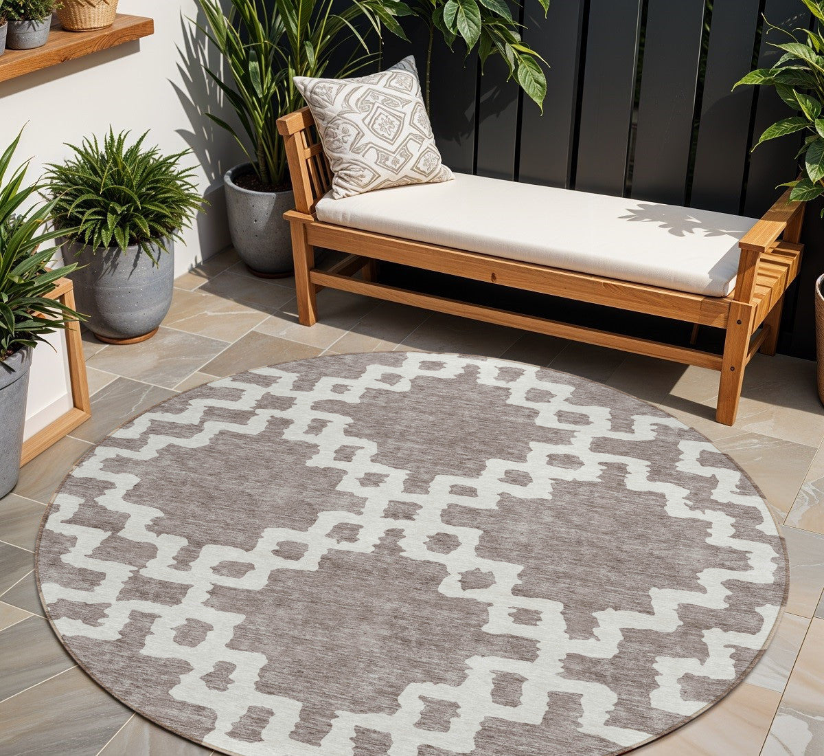 Tabselect Home Line 8' Taupe And Ivory Round Geometric Washable Indoor Outdoor Area Rug