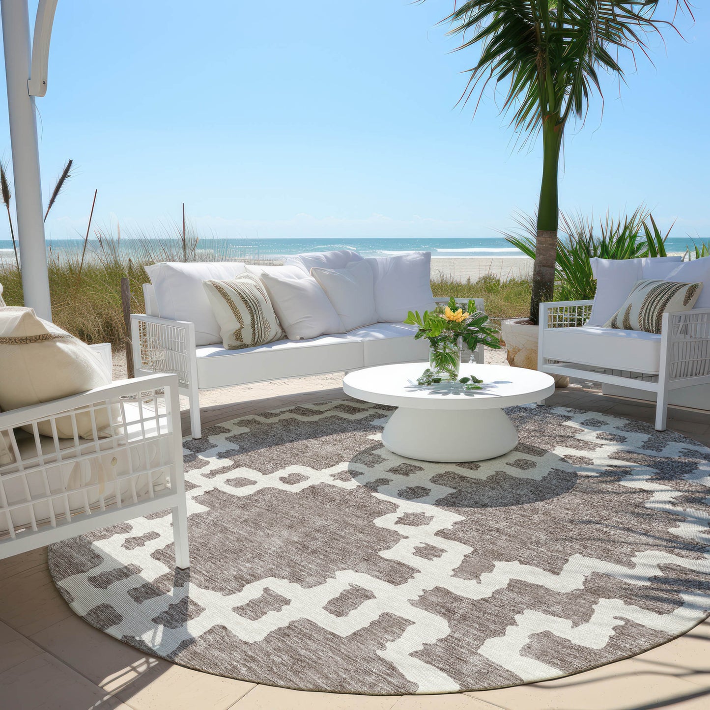 Tabselect Home Line 8' Taupe And Ivory Round Geometric Washable Indoor Outdoor Area Rug