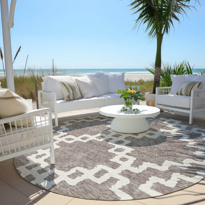 Tabselect Home Line 8' Taupe And Ivory Round Geometric Washable Indoor Outdoor Area Rug