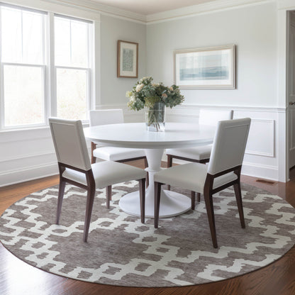 Tabselect Home Line 8' Taupe And Ivory Round Geometric Washable Indoor Outdoor Area Rug