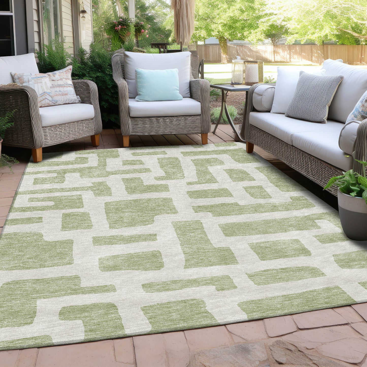 Tabselect Home Line 5' X 8' Artichoke Green And Ivory Abstract Washable Indoor Outdoor Area Rug