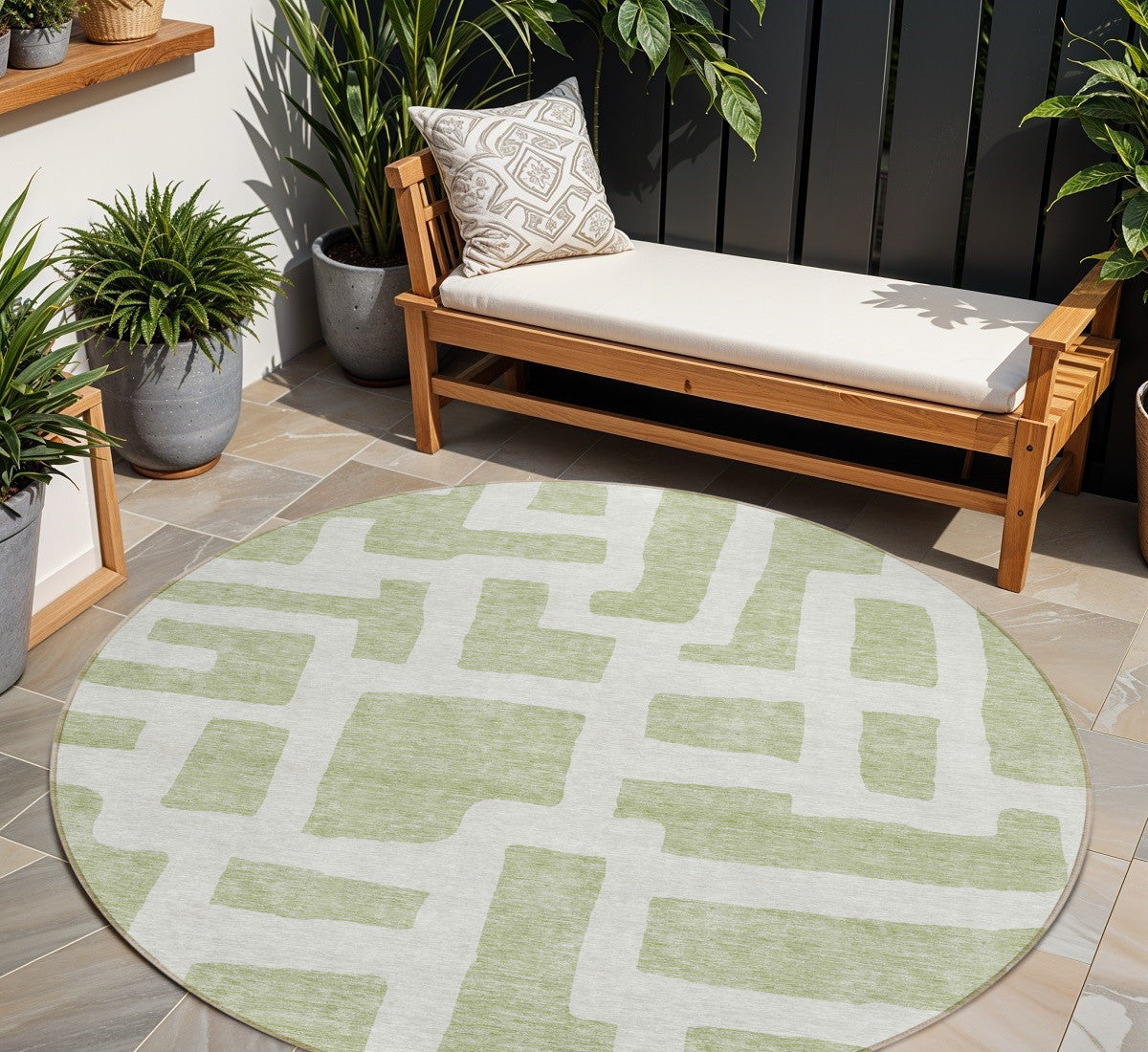 Tabselect Home Line 8' Artichoke Green And Ivory Round Abstract Washable Indoor Outdoor Area Rug