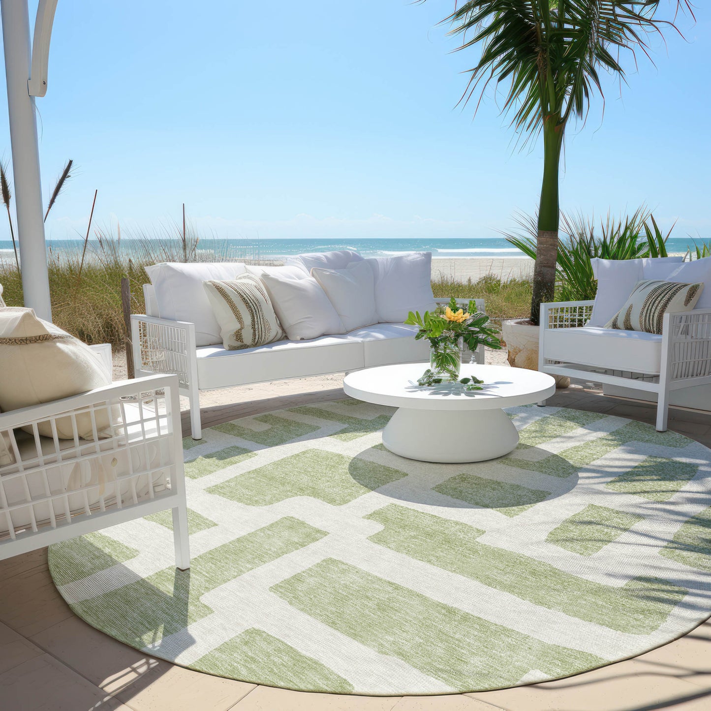 Tabselect Home Line 8' Artichoke Green And Ivory Round Abstract Washable Indoor Outdoor Area Rug