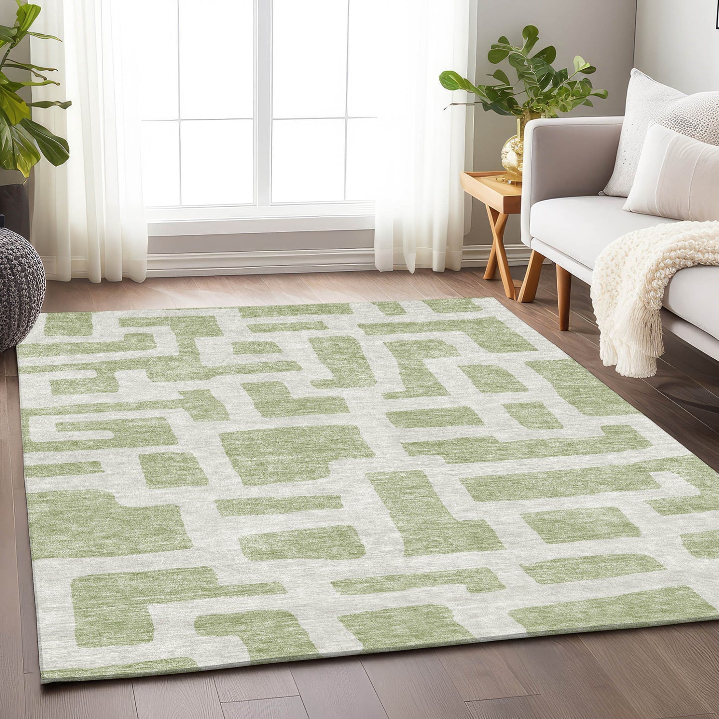 Tabselect Home Line 9' X 12' Artichoke Green And Ivory Abstract Washable Indoor Outdoor Area Rug