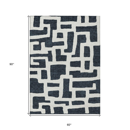 Tabselect Home Line 5' X 8' Black And Ivory Abstract Washable Indoor Outdoor Area Rug