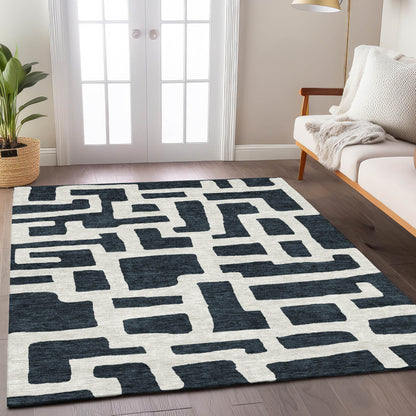 Tabselect Home Line 5' X 8' Black And Ivory Abstract Washable Indoor Outdoor Area Rug