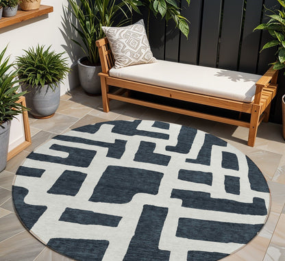 Tabselect Home Line 8' Black And Ivory Round Abstract Washable Indoor Outdoor Area Rug