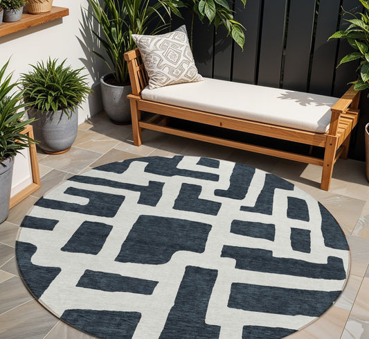 Tabselect Home Line 8' Black And Ivory Round Abstract Washable Indoor Outdoor Area Rug