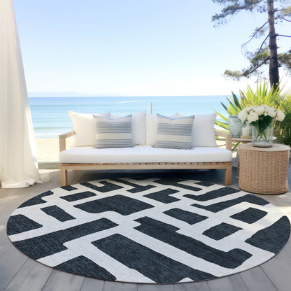 Tabselect Home Line 8' Black And Ivory Round Abstract Washable Indoor Outdoor Area Rug