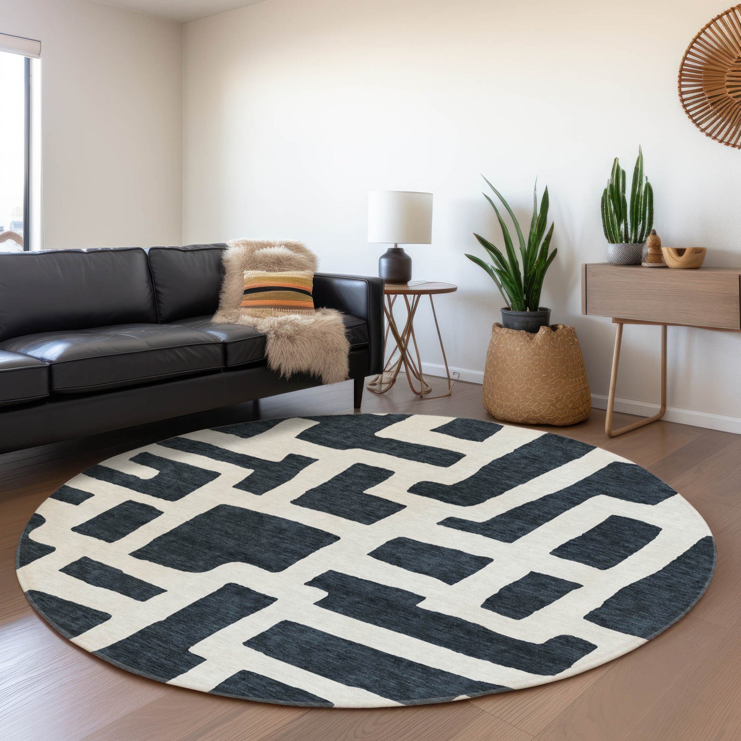 Tabselect Home Line 8' Black And Ivory Round Abstract Washable Indoor Outdoor Area Rug